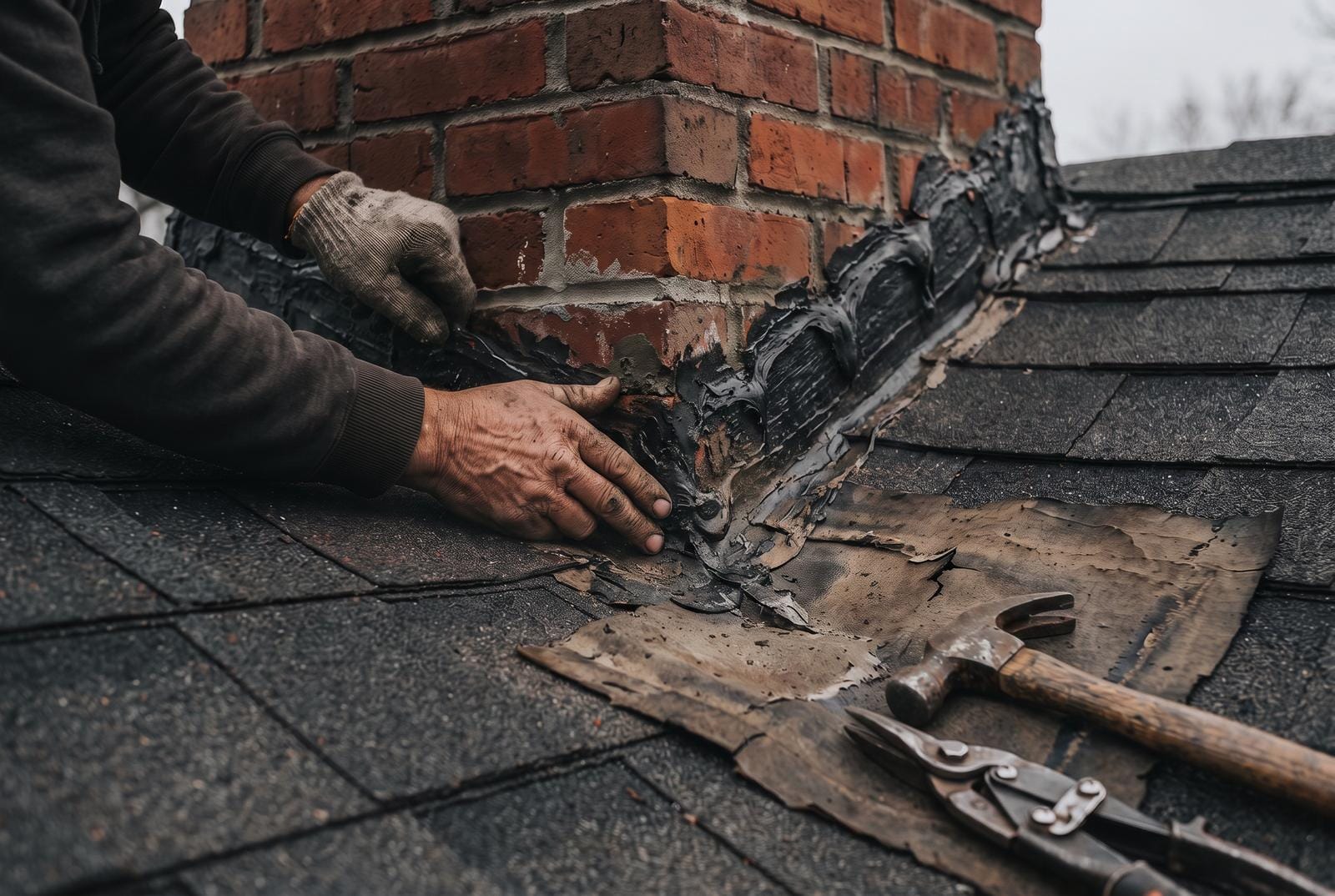 The same chimney with its flashing smeared over in a thick bead of black mastic.