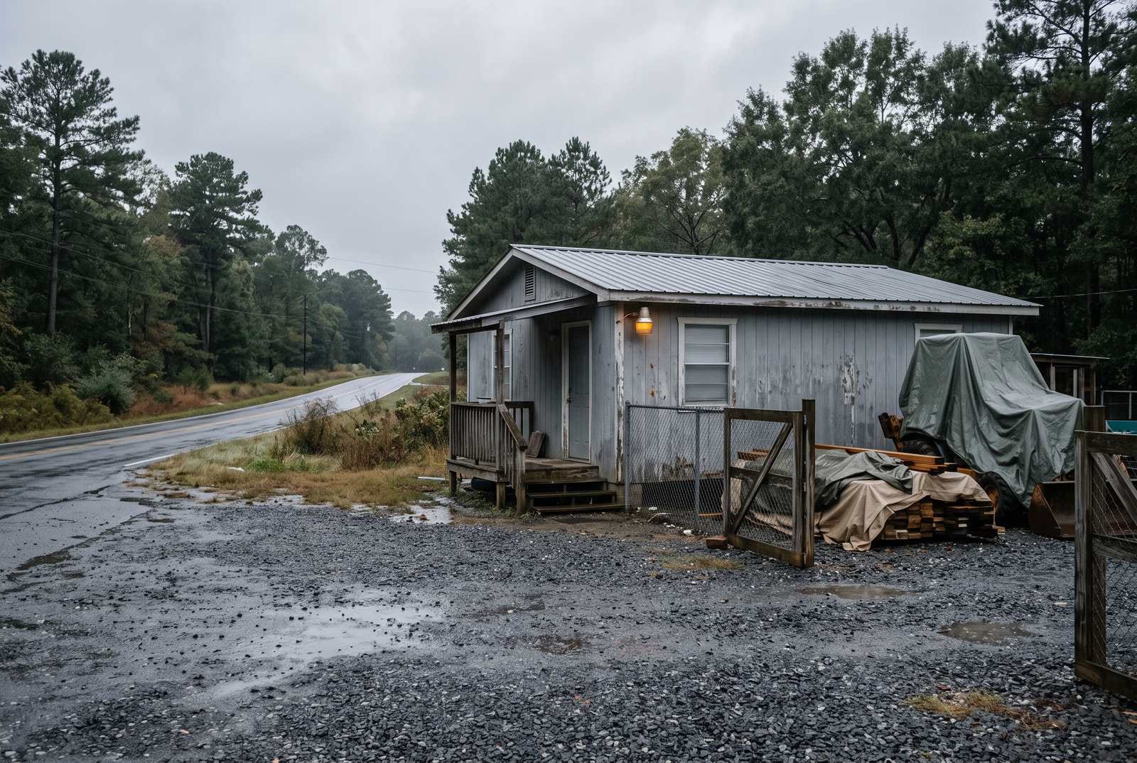 The front of a small contractor's office building on a two-lane road.