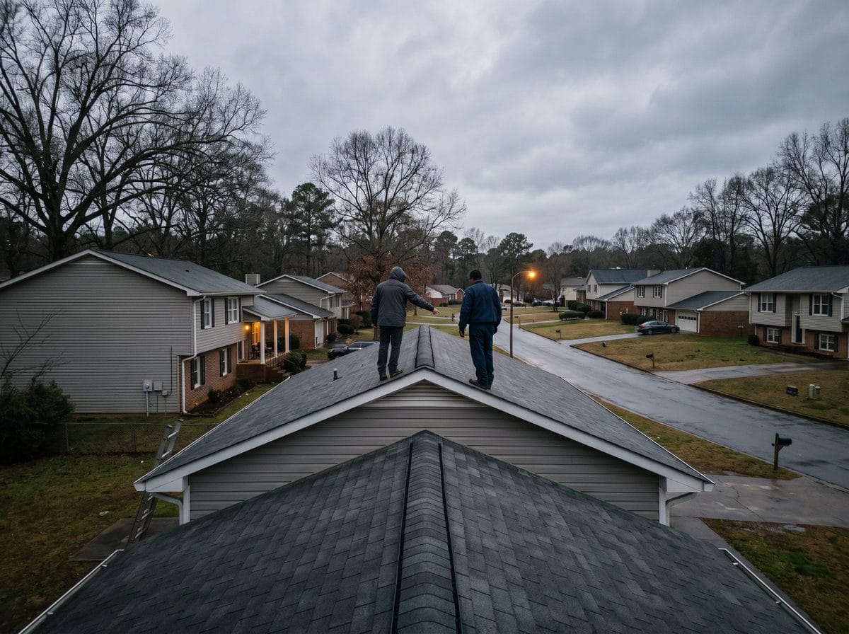Two figures at distance either side of a roof ridge, one gesturing down the far slope.