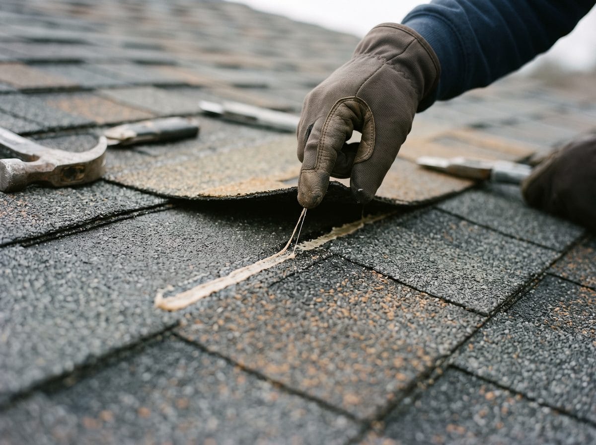A gloved hand lifting a shingle tab to show the released seal strip underneath.