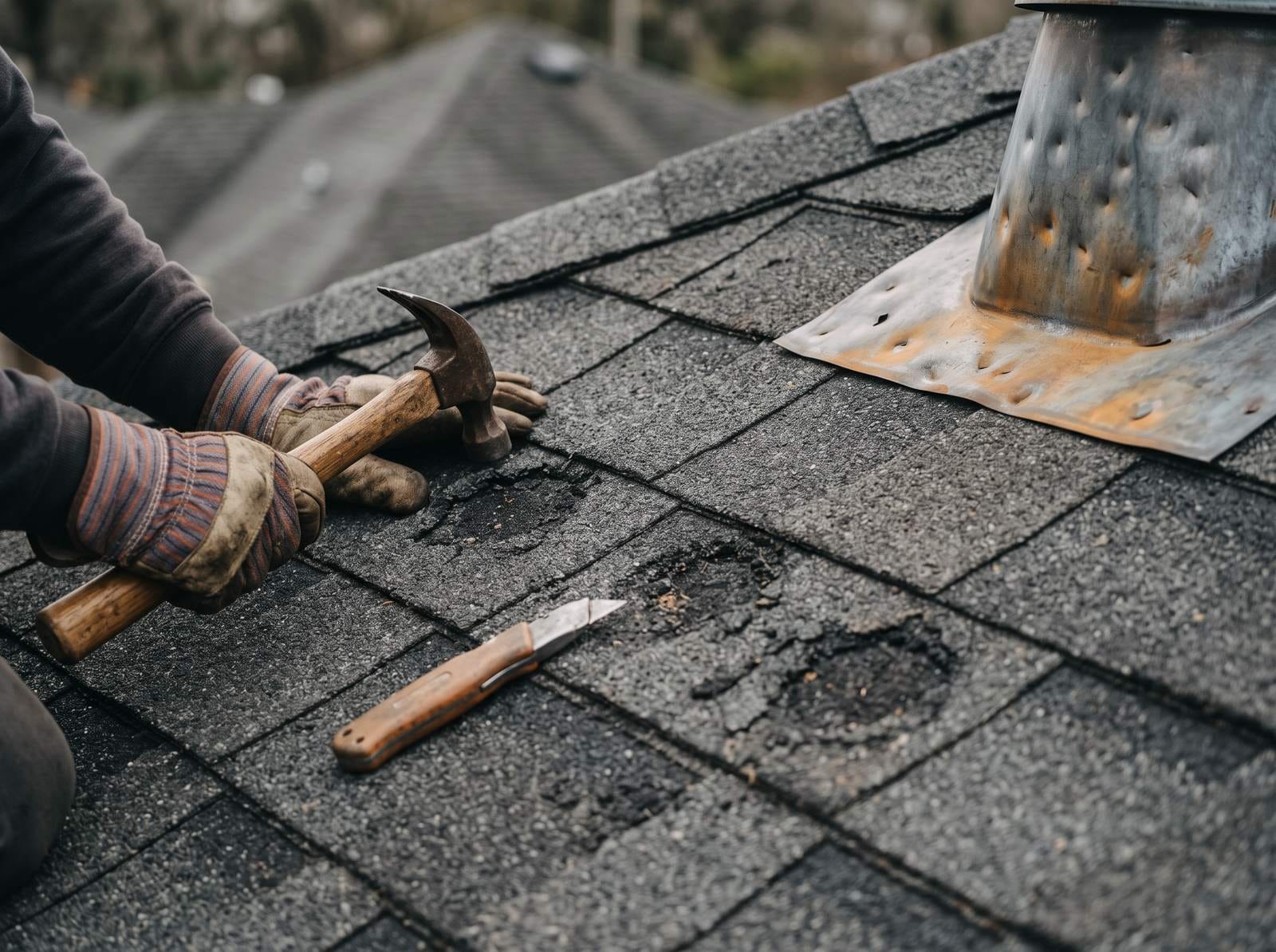 Circular hail bruises on an asphalt shingle slope where the granules have been driven off, with shallow dents in a soft-metal vent cap.