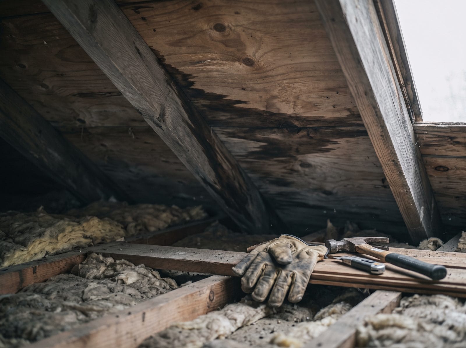The underside of a roof deck in an unfinished attic, with old water staining across two rafters and one darkened sheet.