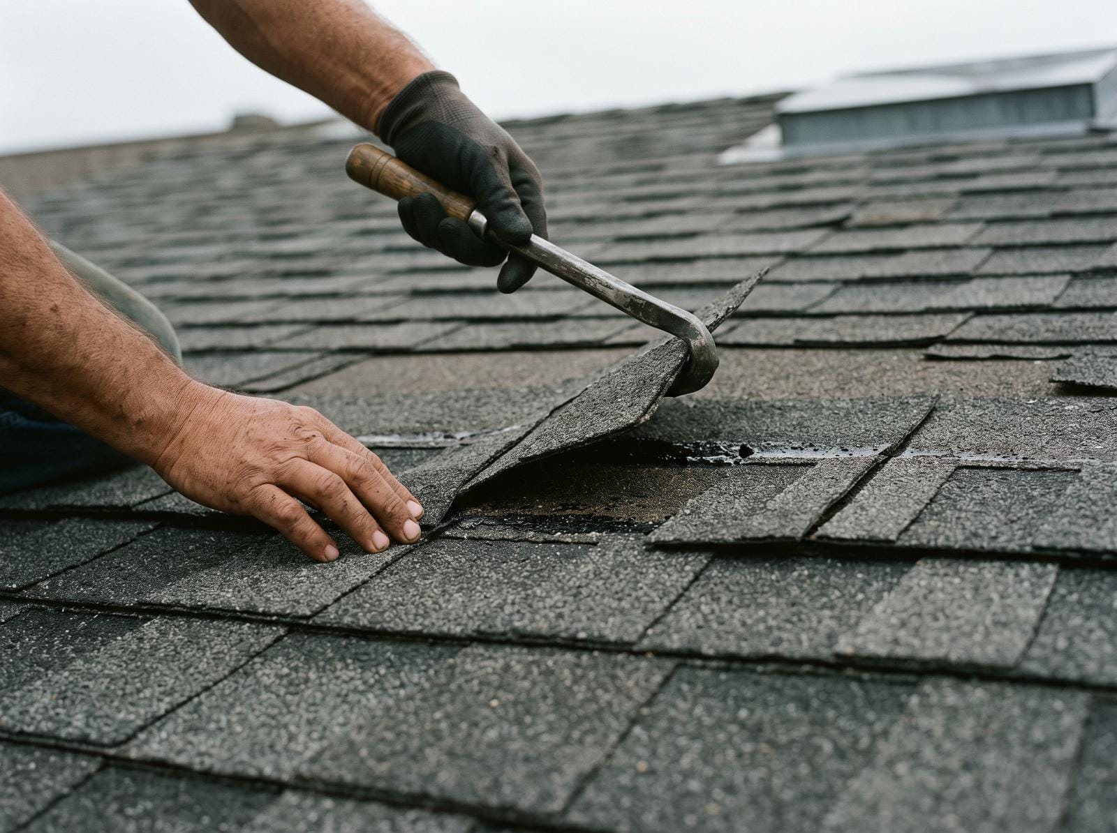 Asphalt shingle tabs lifted and creased along one course with the seal strip released underneath.