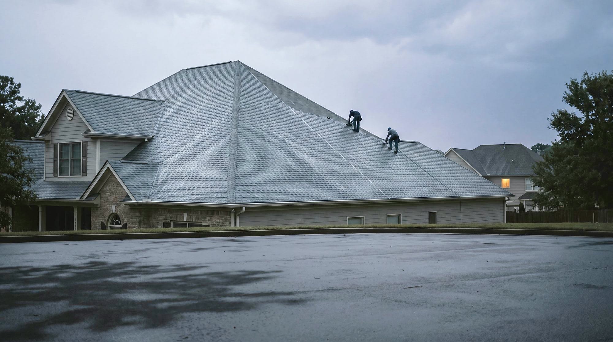Two roofers working along a chalk line high on the far slope of a large suburban roof, seen at distance under a heavy sky.