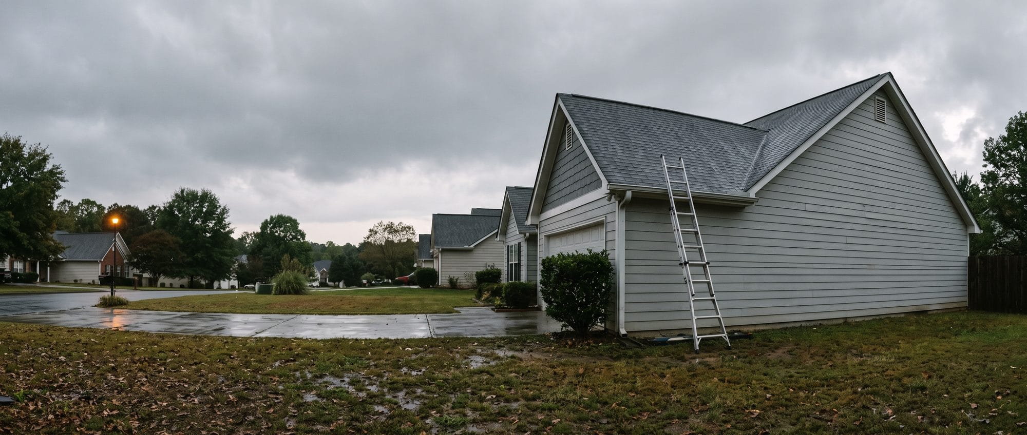 A ladder standing against the eave of a suburban house under a heavy sky, nobody on it.