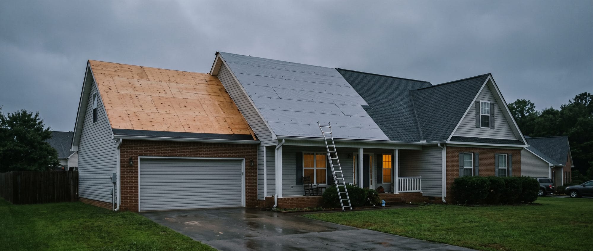 A roof mid-replacement: one slope bare decking, one covered in underlayment, one finished in new shingle.