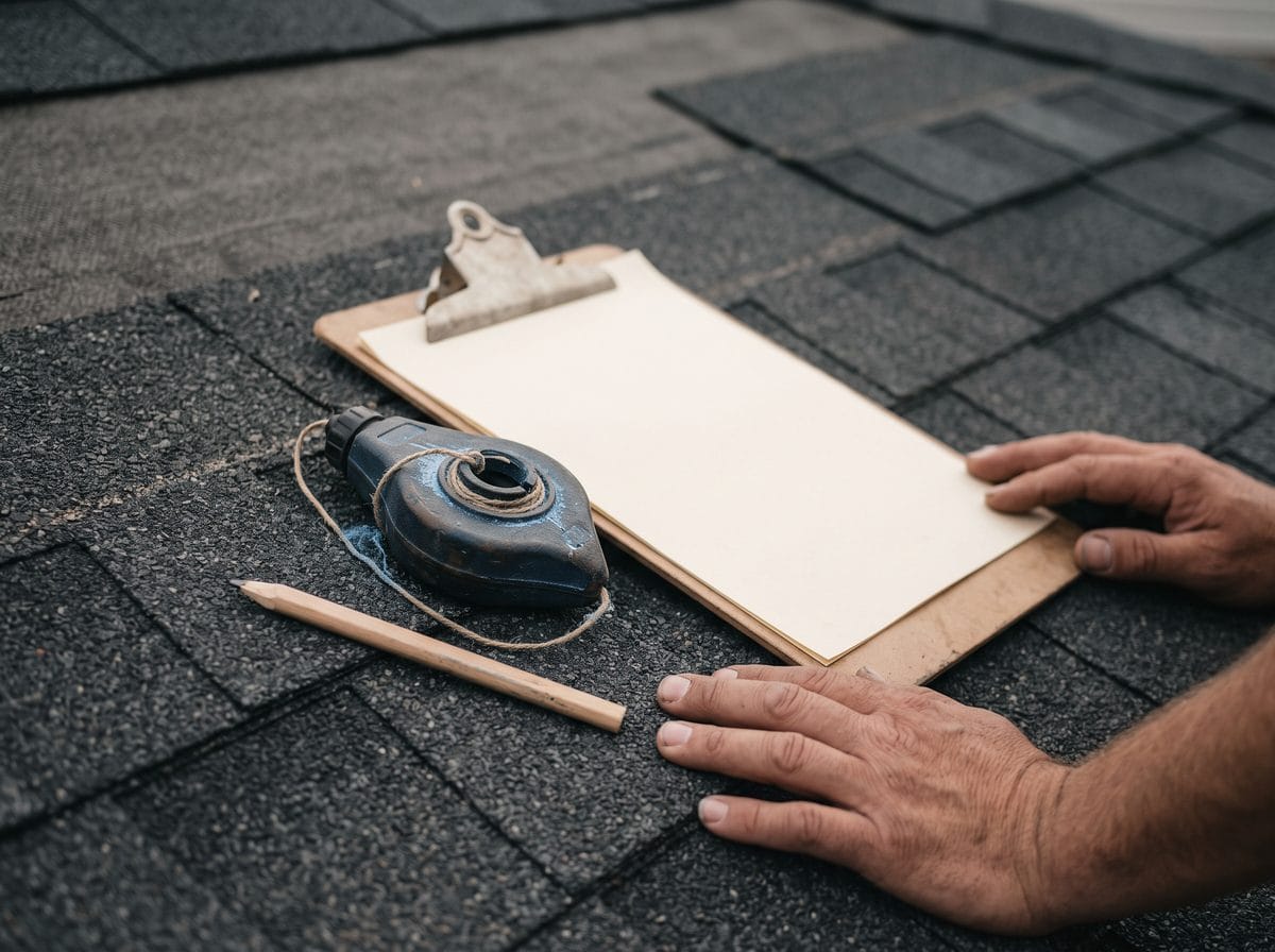 A clipboard and a chalk line reel resting on a roof slope during documentation.
