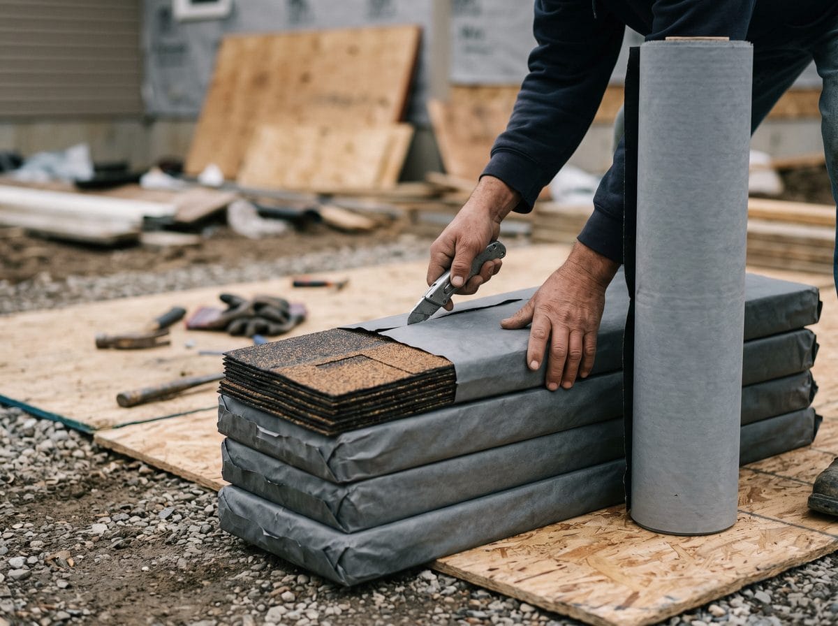Shingle bundles stacked on plywood laid over a driveway, wrapped in plain paper.