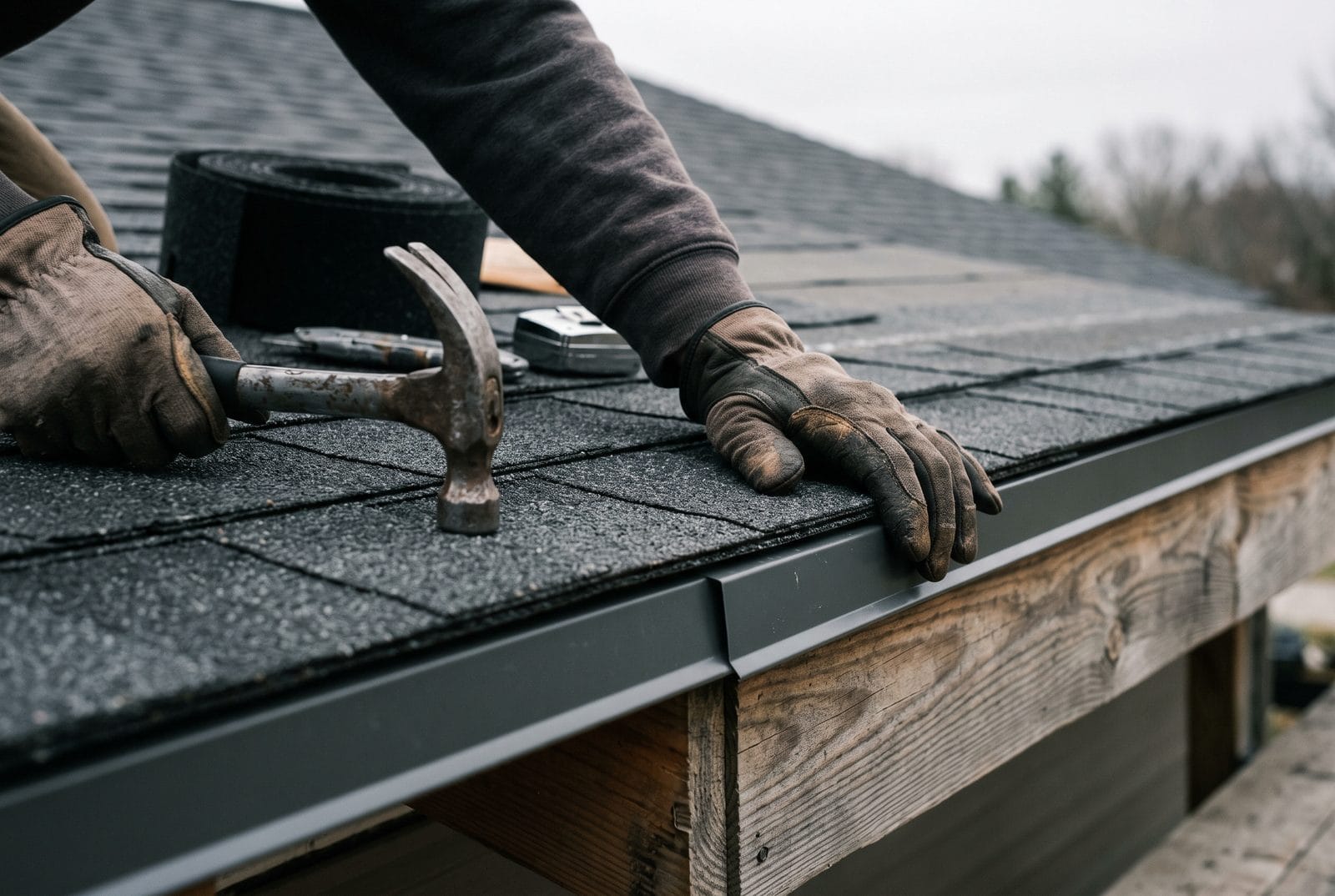 A finished architectural shingle roof seen from the eave.