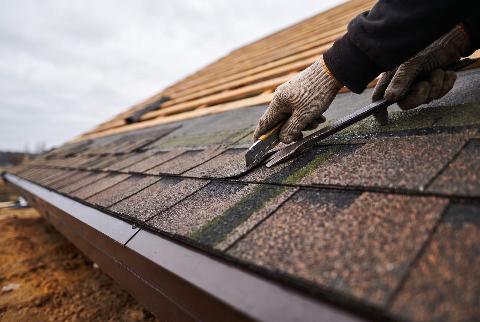 The same eave with an algae-streaked, granule-worn asphalt slope before replacement.