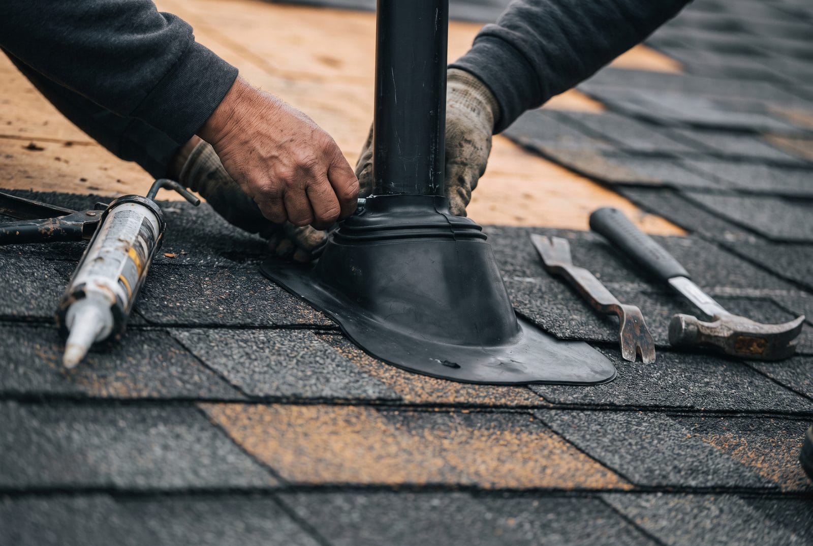 A new pipe boot flashing shingled in and sealed at a plumbing penetration.