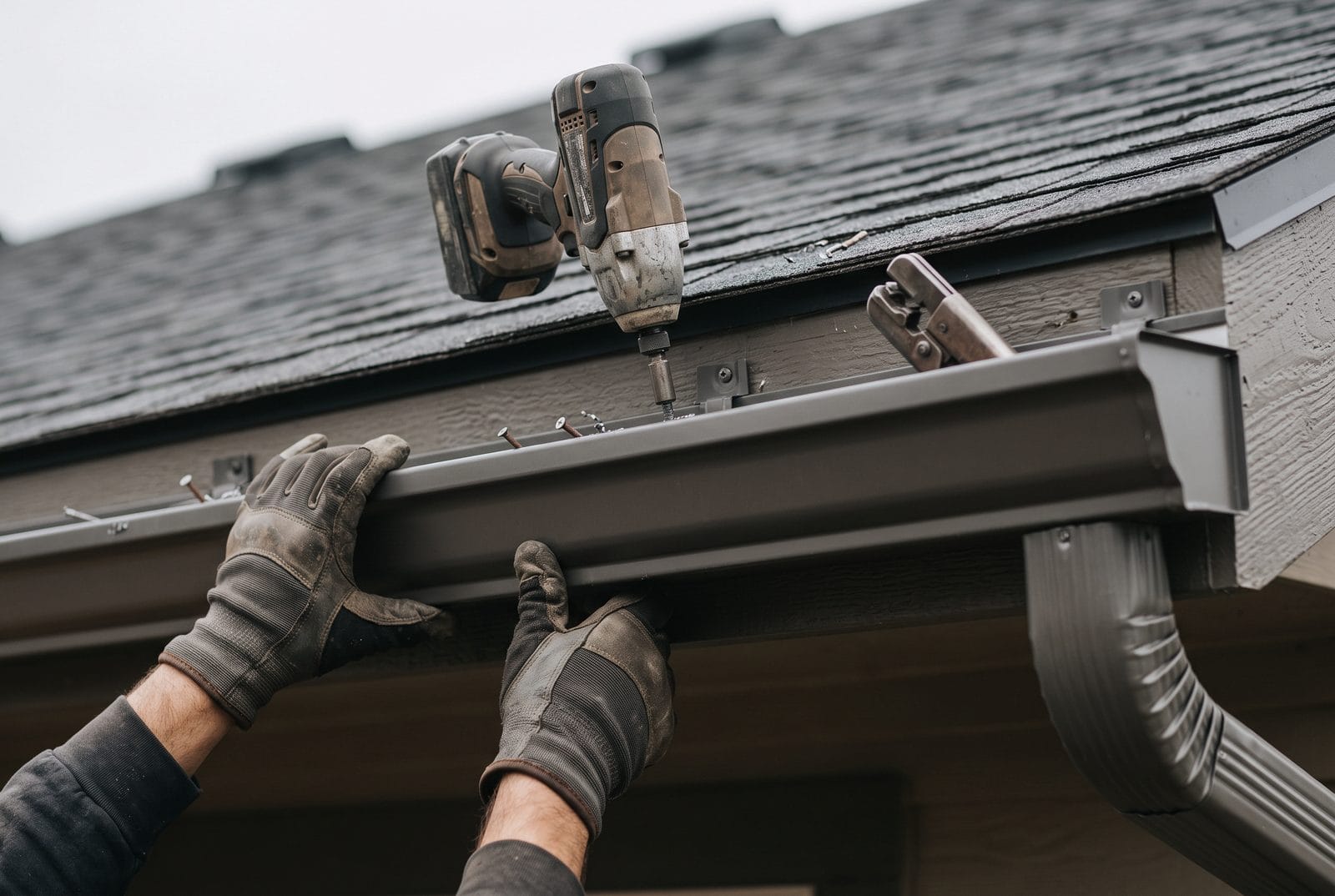 A seamless aluminum gutter run and downspout.