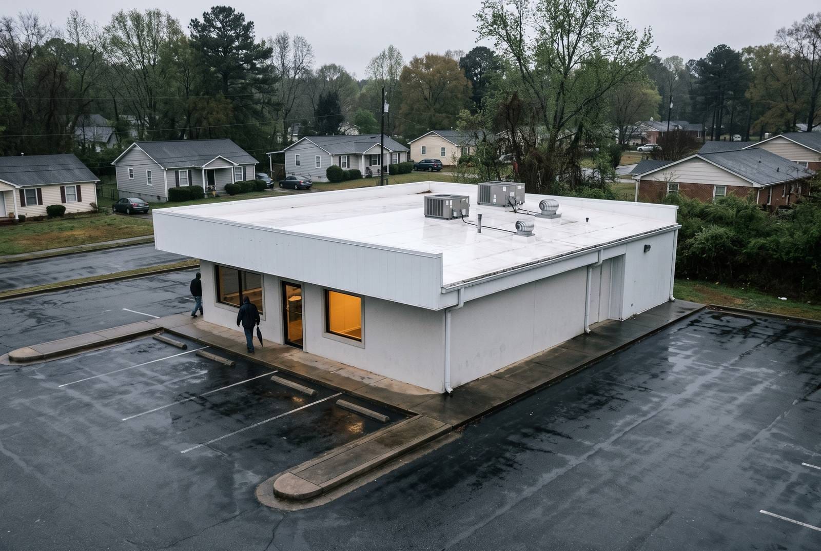 A TPO membrane roof over a small commercial building.