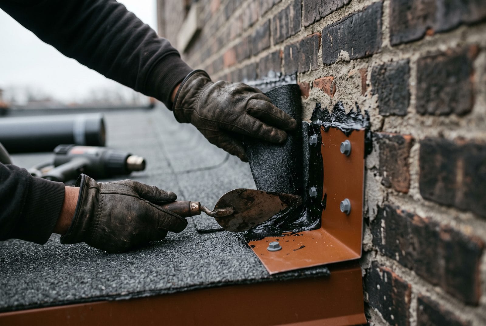 Modified bitumen membrane being bedded and terminated against a brick wall.