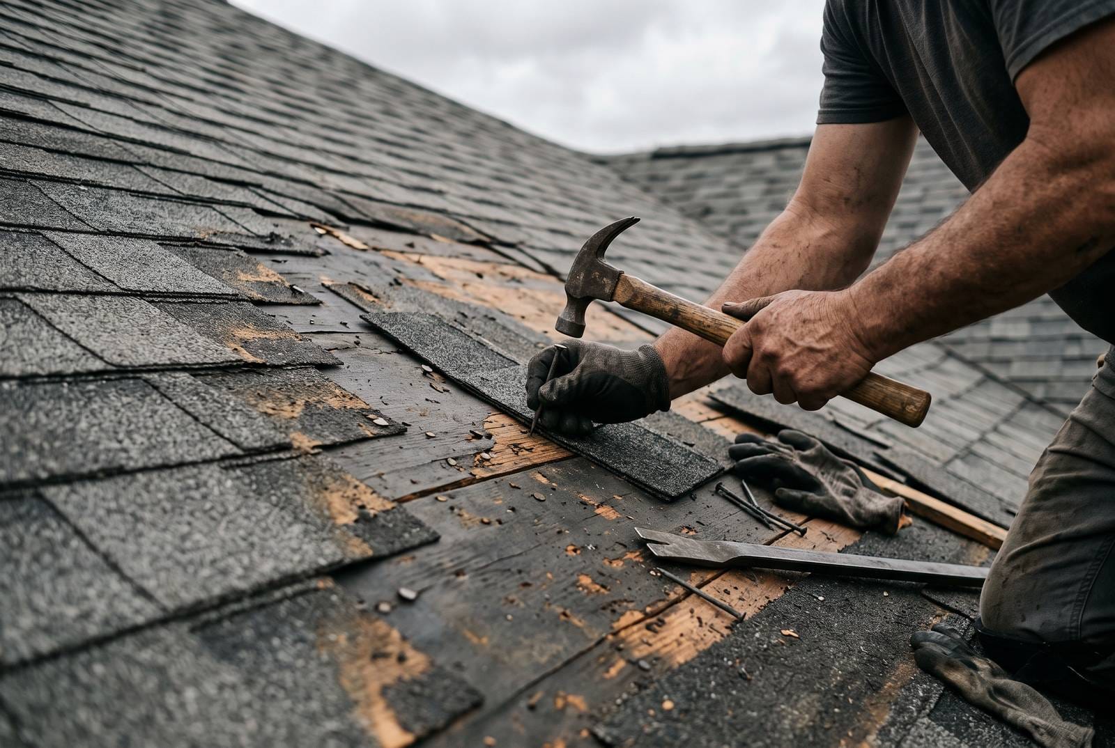 A directional pattern of missing shingles.