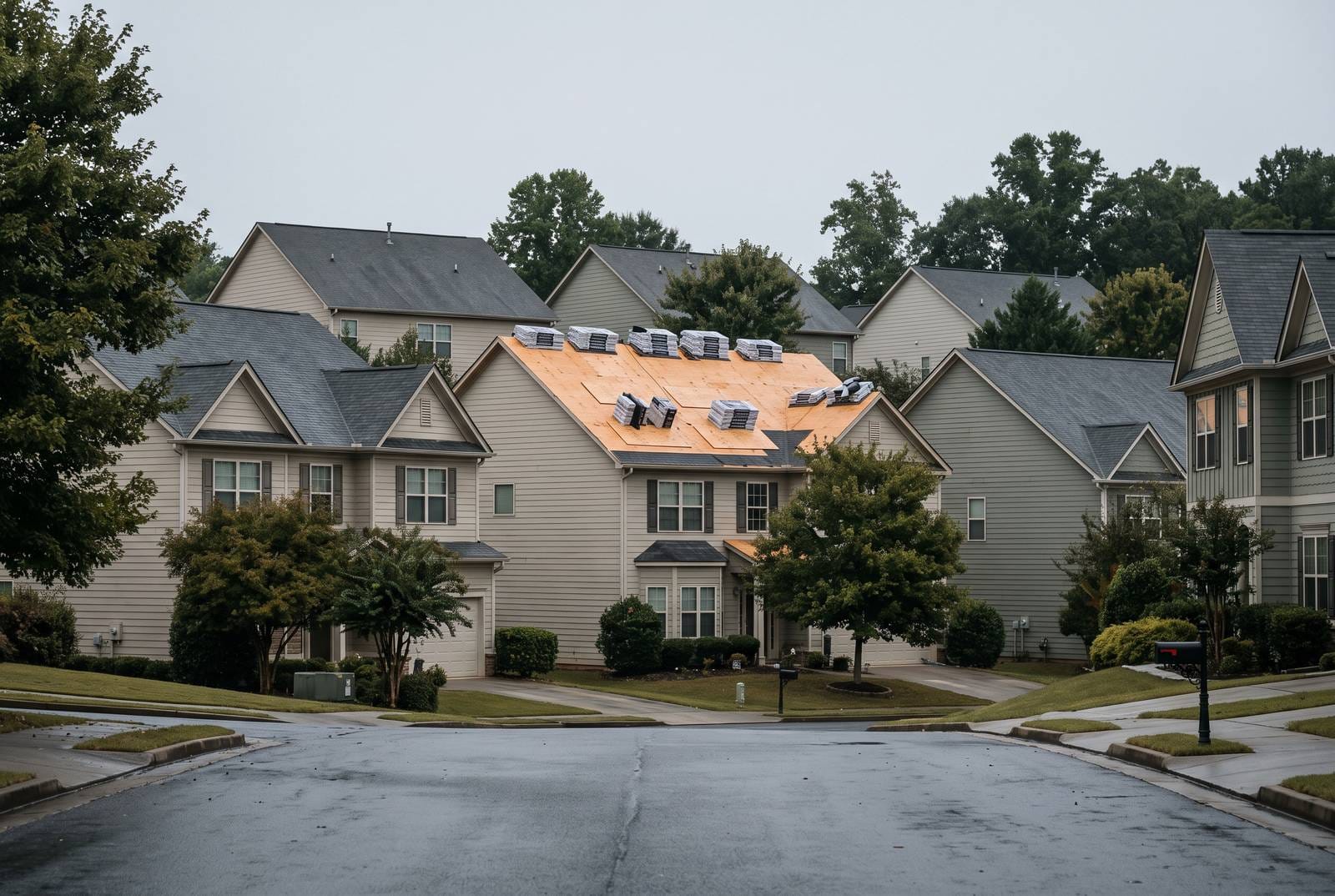 A phased multi-building re-roof in progress.
