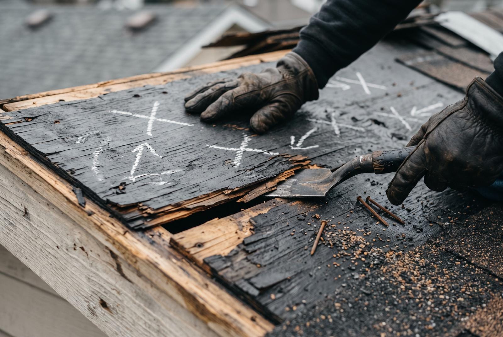 Soft decking exposed after tear-off.