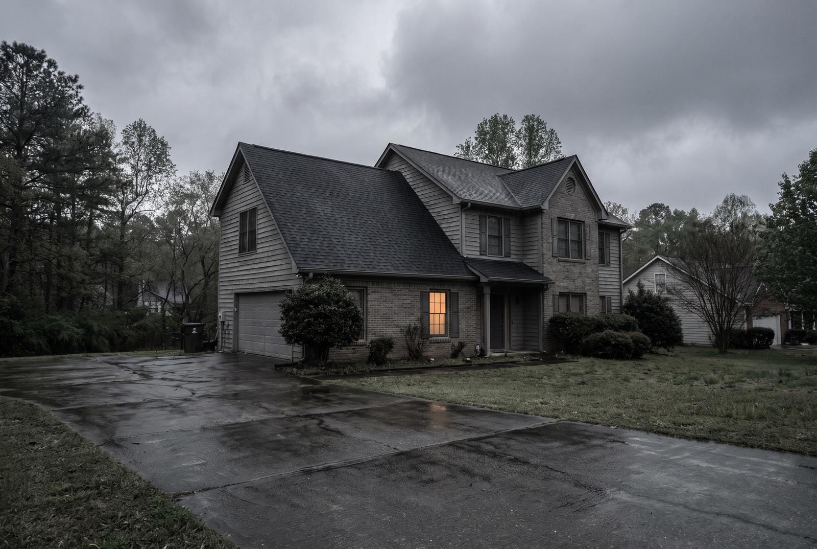 A two-story house from the driveway with a completed architectural shingle roof.