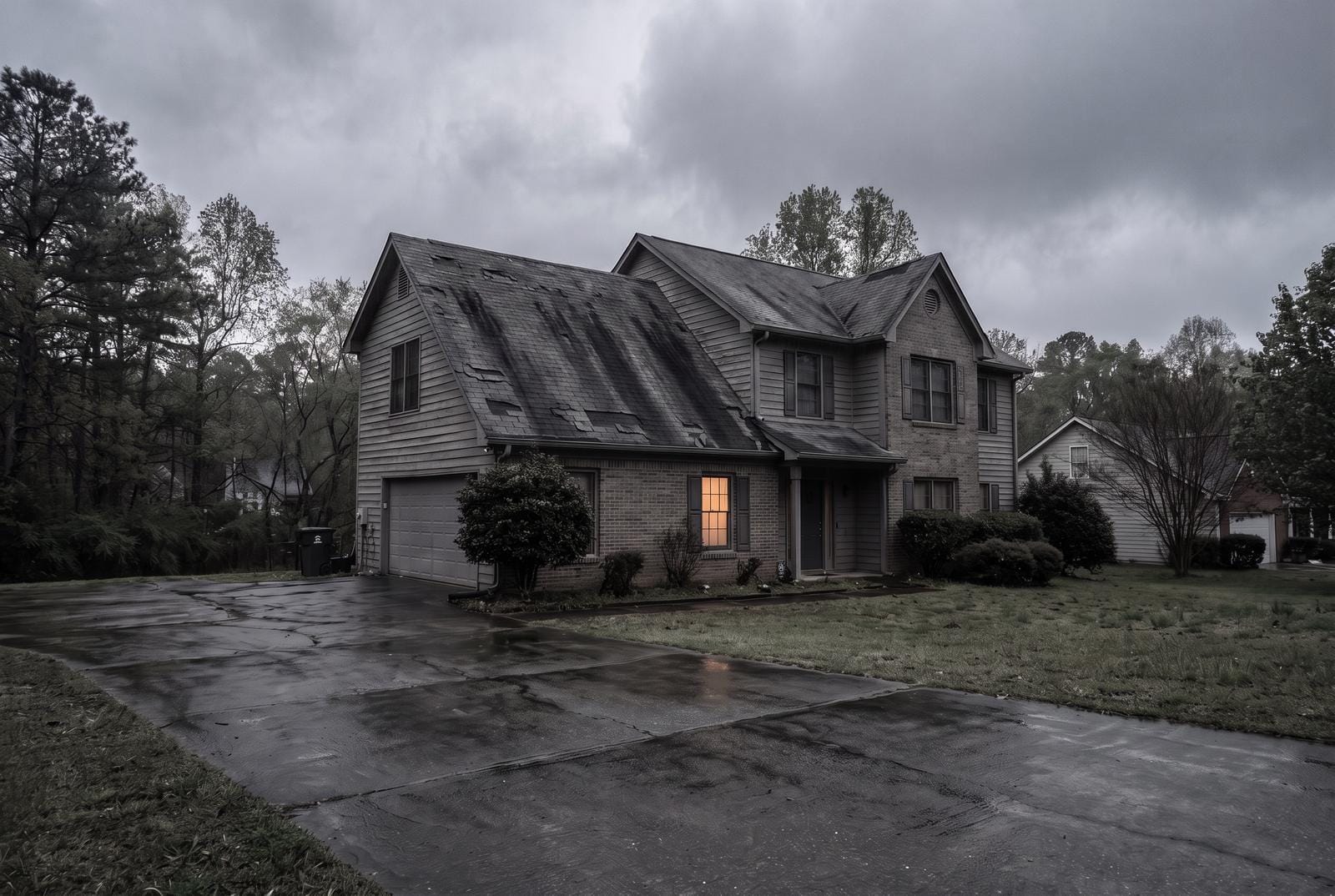 The same house with an aged, dark-streaked three-tab roof before tear-off.