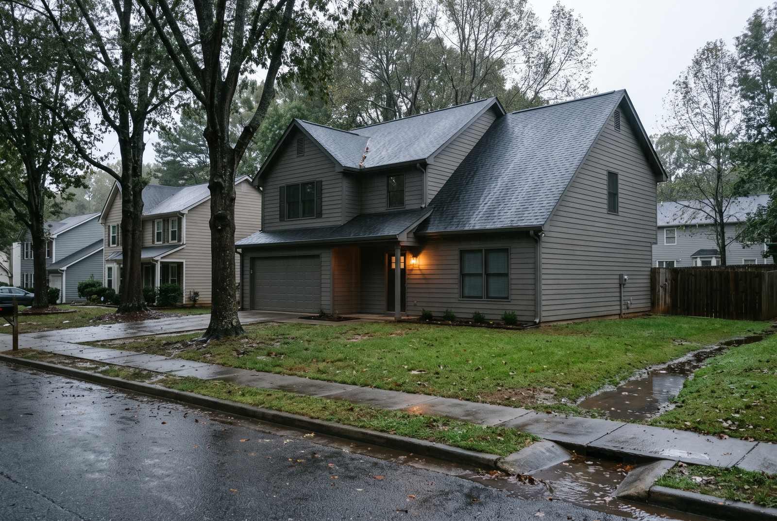 Engineered wood siding with trim and soffit.