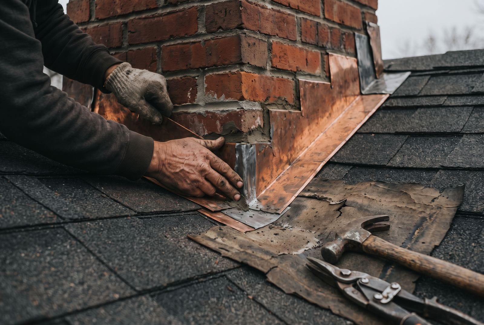 Step and counter flashing at a chimney.