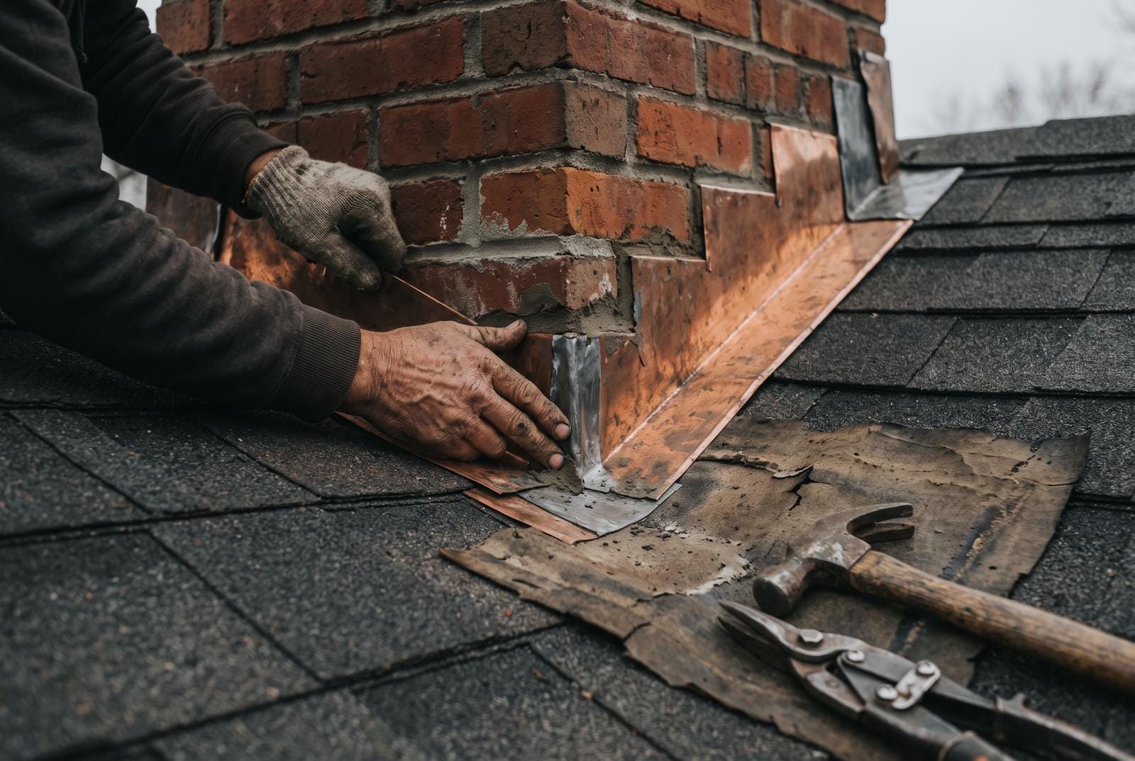 Rebuilt step and counter flashing let into the mortar joint at a brick chimney.