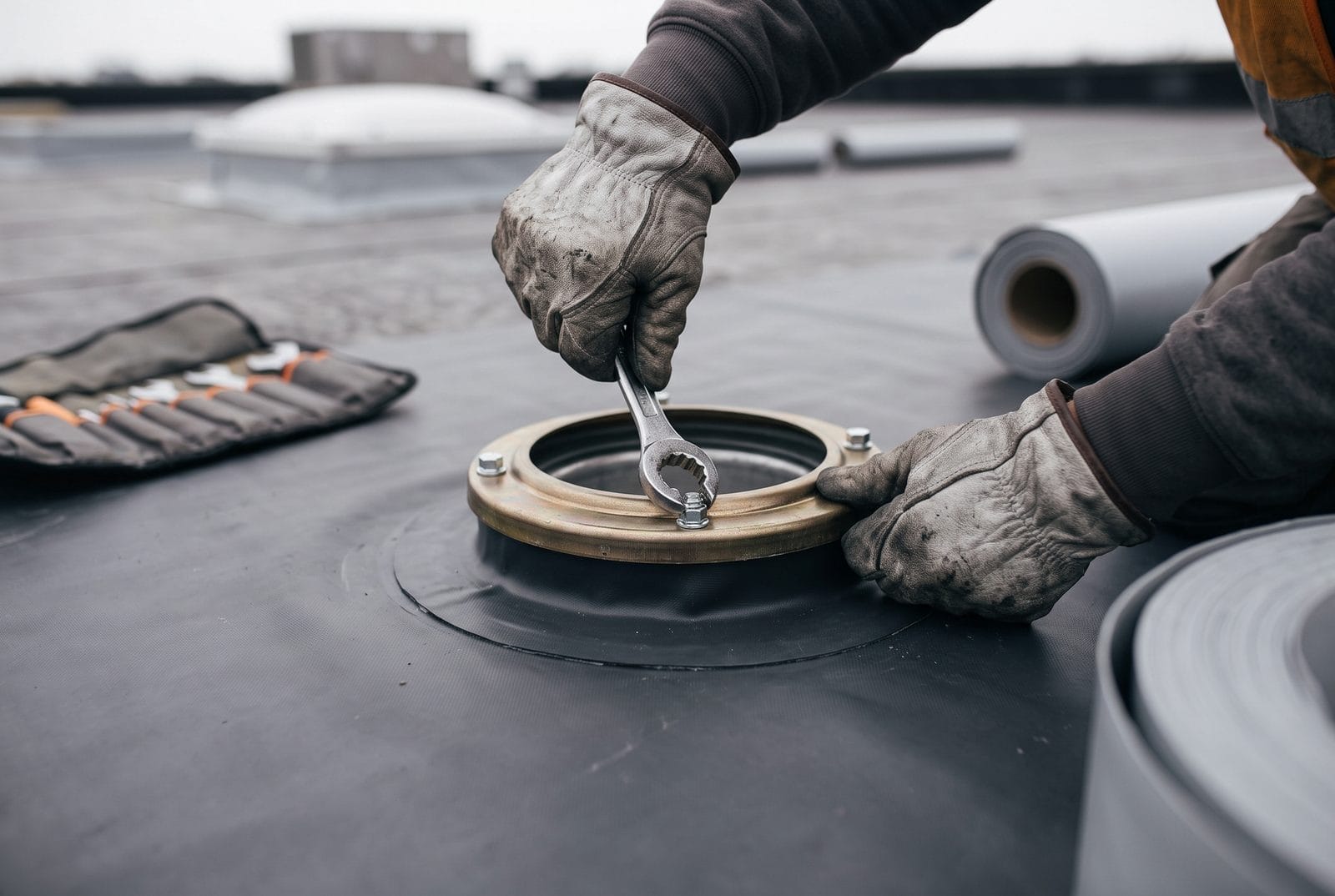 A re-detailed drain on a low-slope roof.