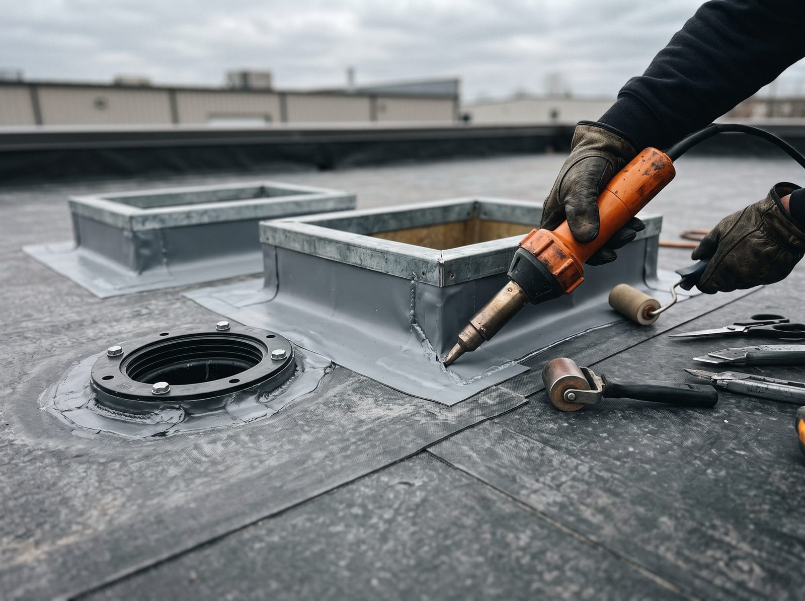 A single-ply membrane roof with freshly flashed curbs and a drain.