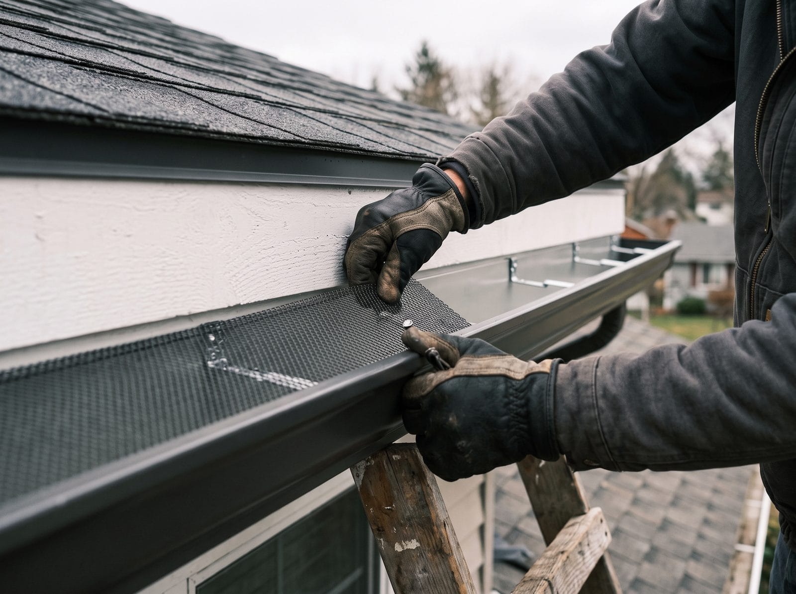 A seamless aluminum gutter run with hidden hangers and a guard part-fitted.