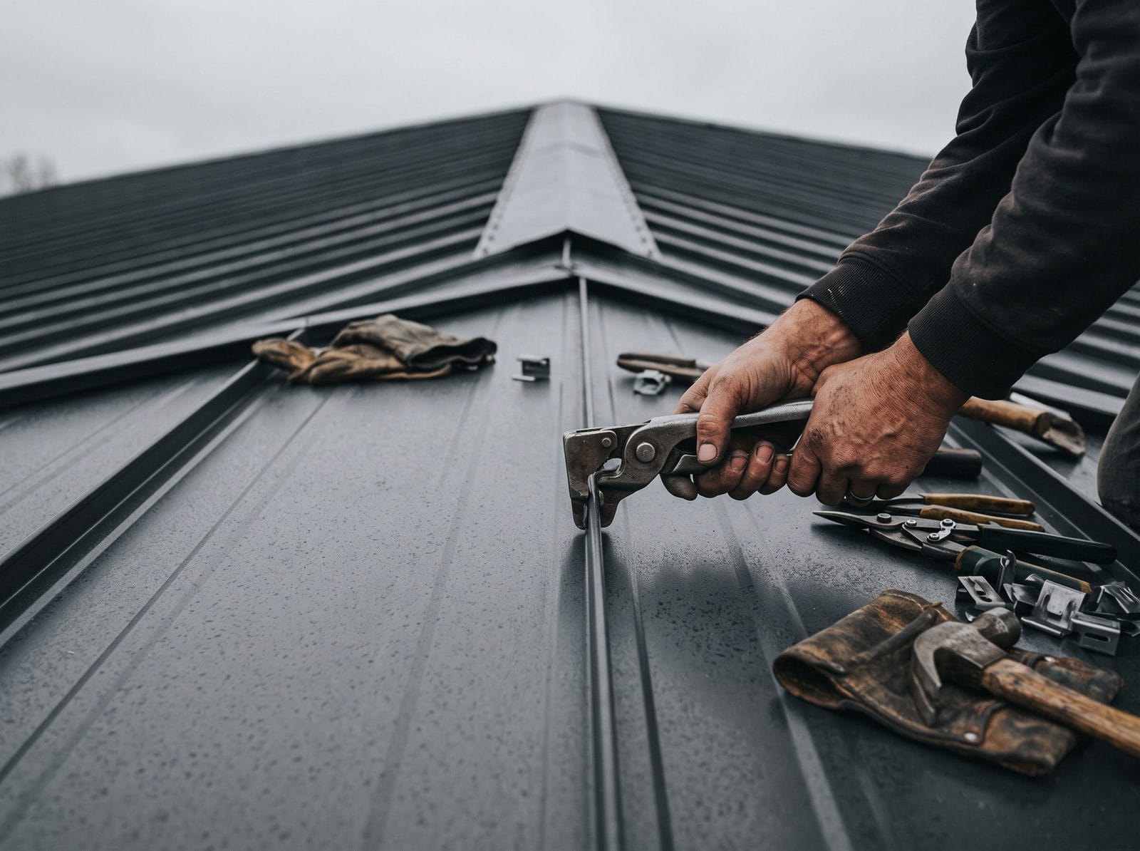 A standing-seam metal roof running away from the camera along a long ridge.