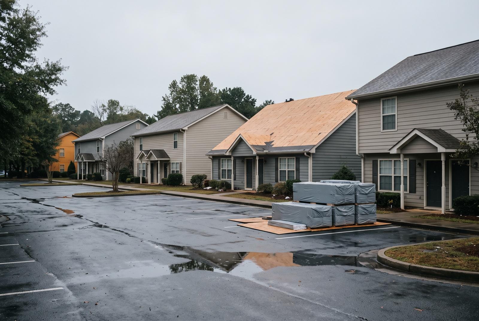 Several similar low-rise residential buildings with one roof under replacement.