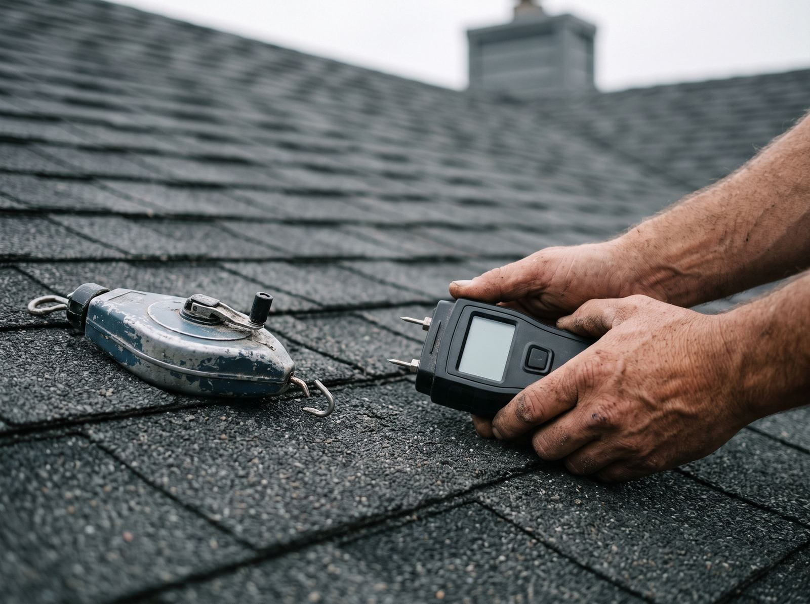 A moisture meter and a chalk line set down on a sound asphalt slope during an inspection.