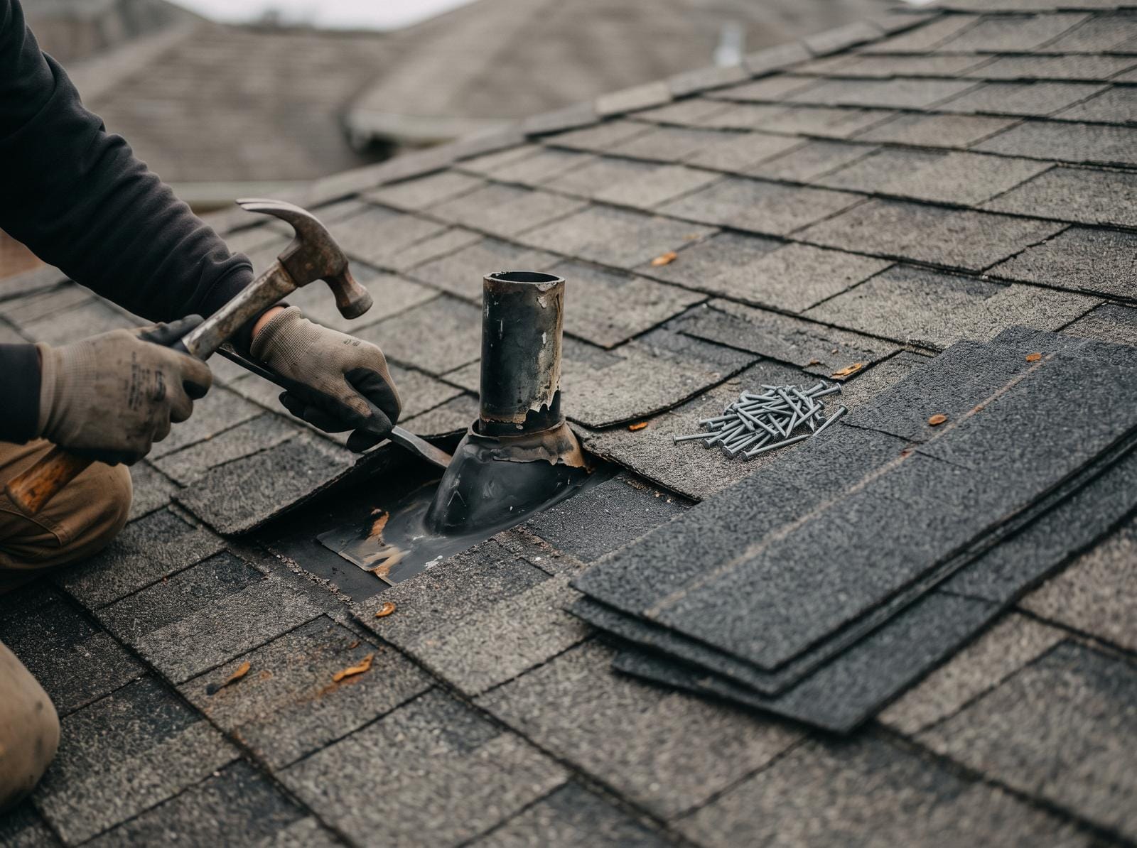 A small section of asphalt roof opened up around a failed penetration, replacement shingles stacked beside it.