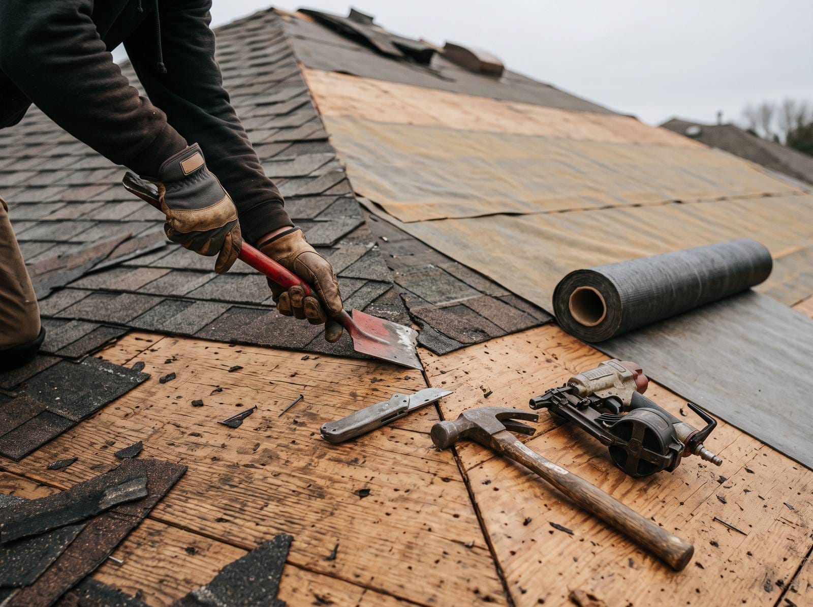 A roof stripped to bare decking with new underlayment being rolled out across it.