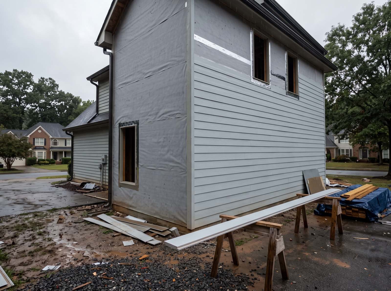 A wall part-clad in fiber cement lap siding with house wrap still exposed at one end.