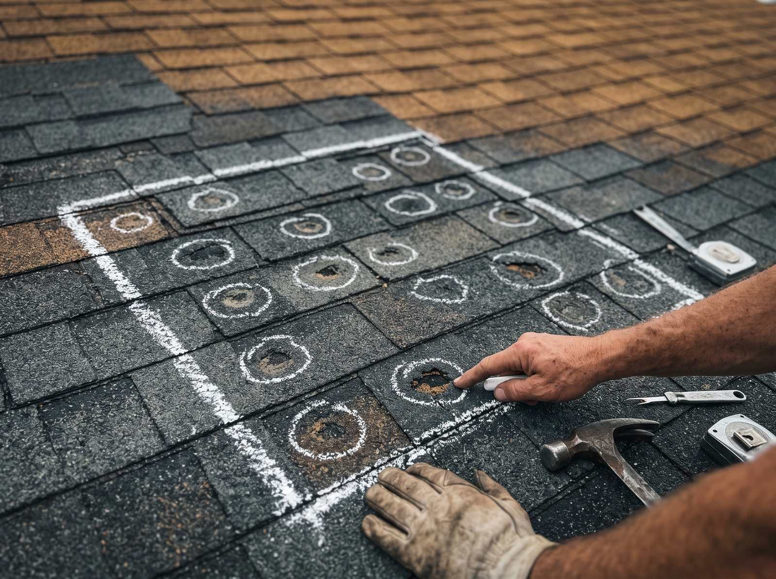 A chalked test square on an asphalt shingle slope with individual hail impacts circled.