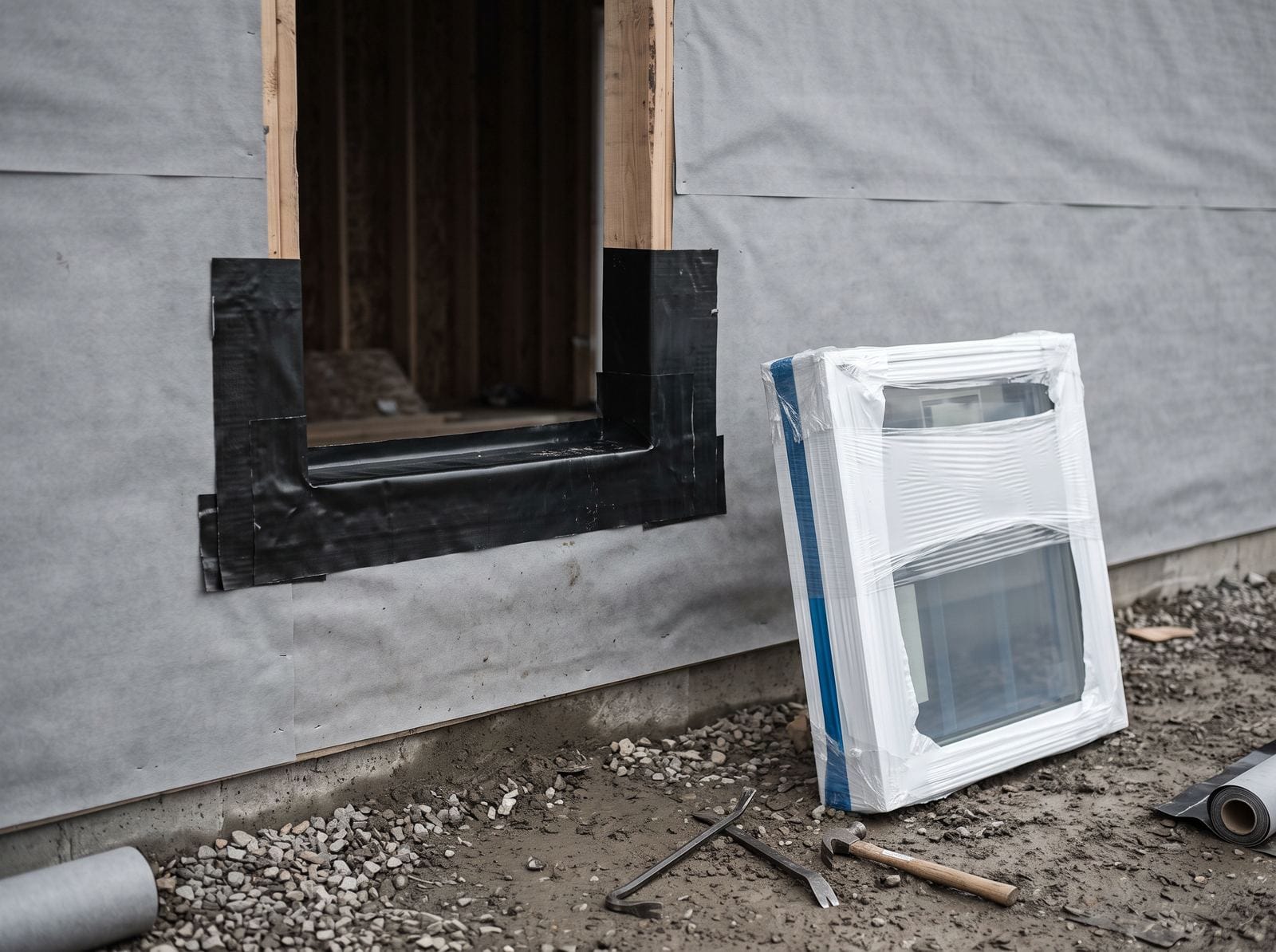 A replacement window opening with a sill pan and flashing, the unit waiting on the ground below.