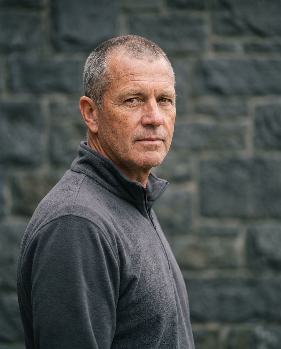 Portrait of a man in his fifties who has worked outdoors for thirty years, weathered skin, close-cropped graying hair, solid build.