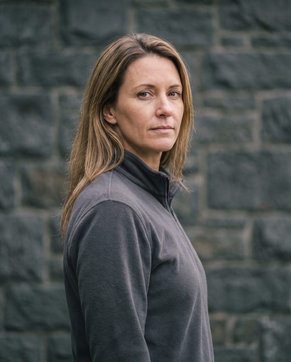Portrait of a woman in her forties, shoulder-length dark blonde hair worn loose, slim build.