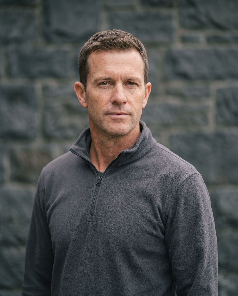 Portrait of a man in his forties, short brown hair, clean-shaven, lean athletic build.
