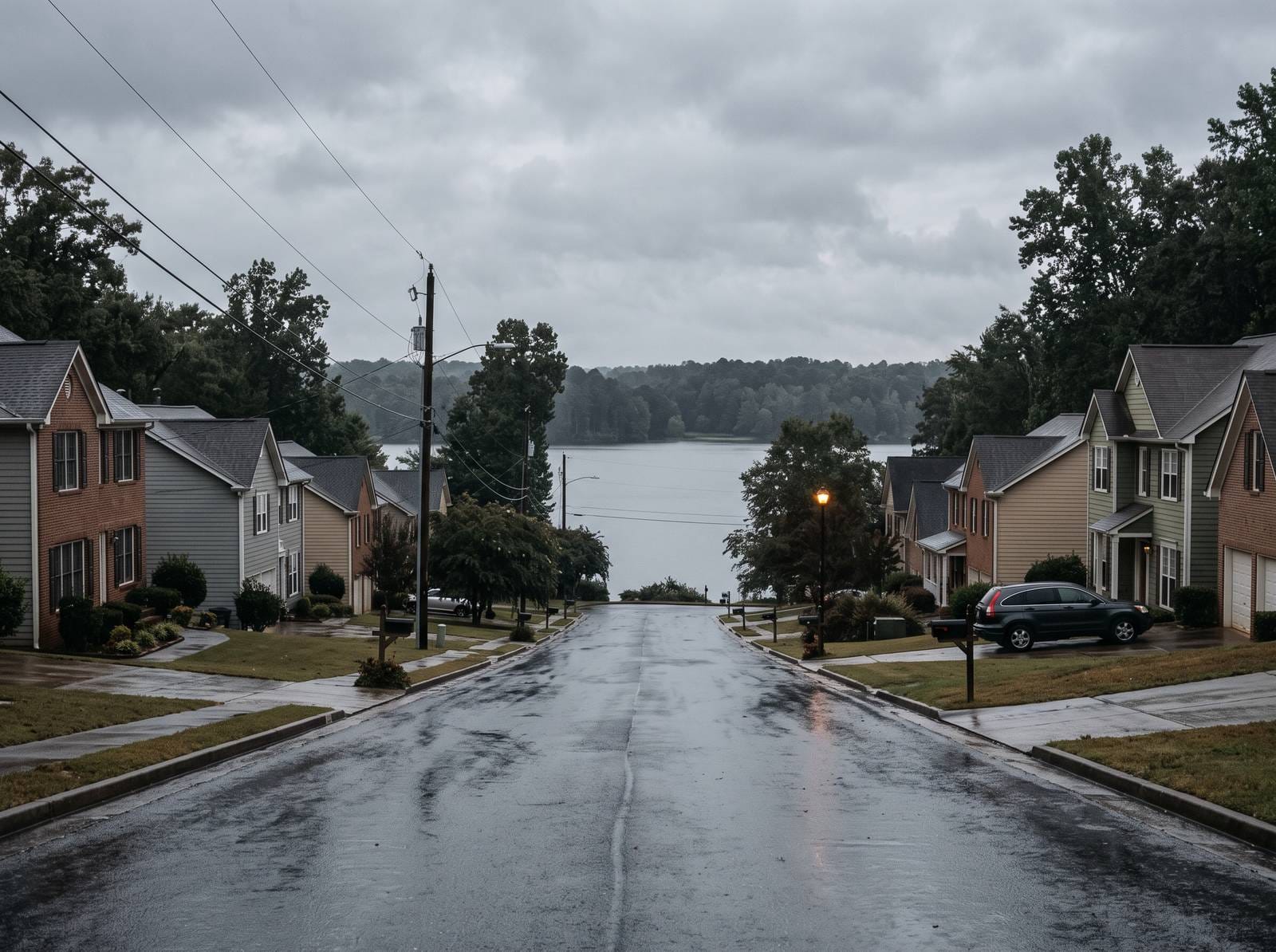 A residential street running down toward a flat sheet of lake water. Typical of the housing stock around Acworth.