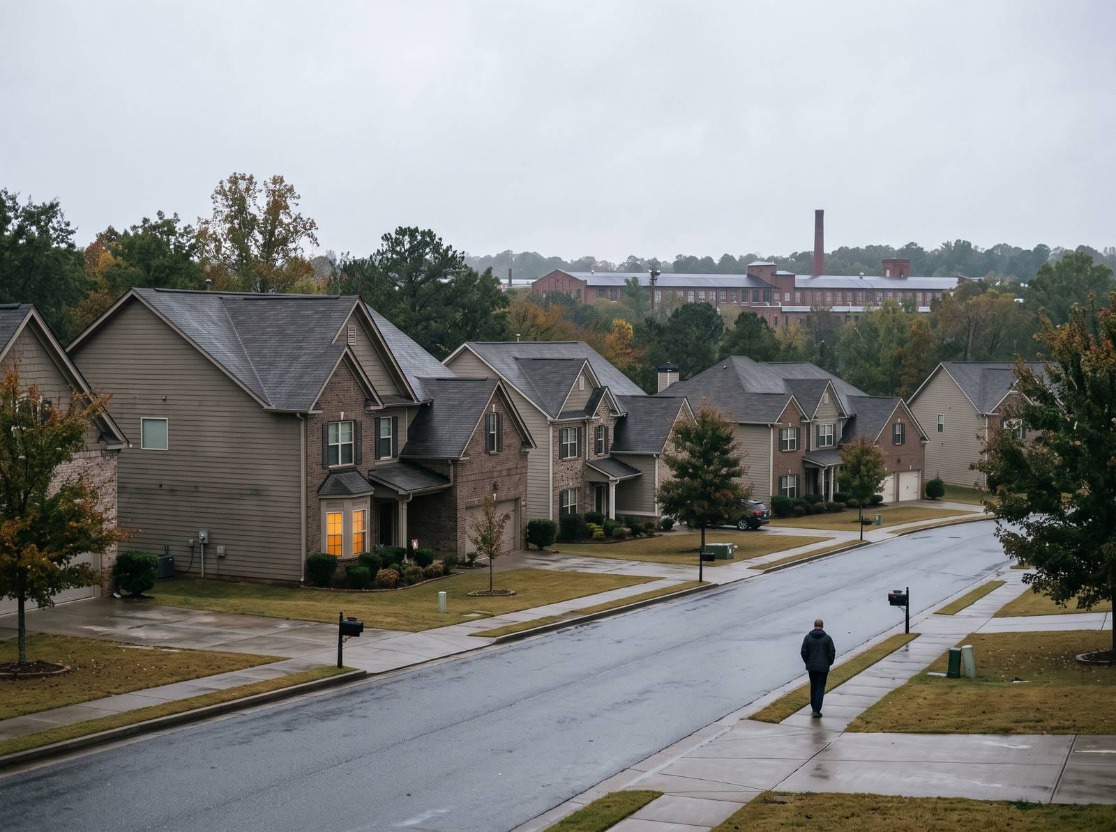 A street of mid-2000s two-story houses on rolling ground with an old mill roofline beyond the trees. Typical of the housing stock around Canton.