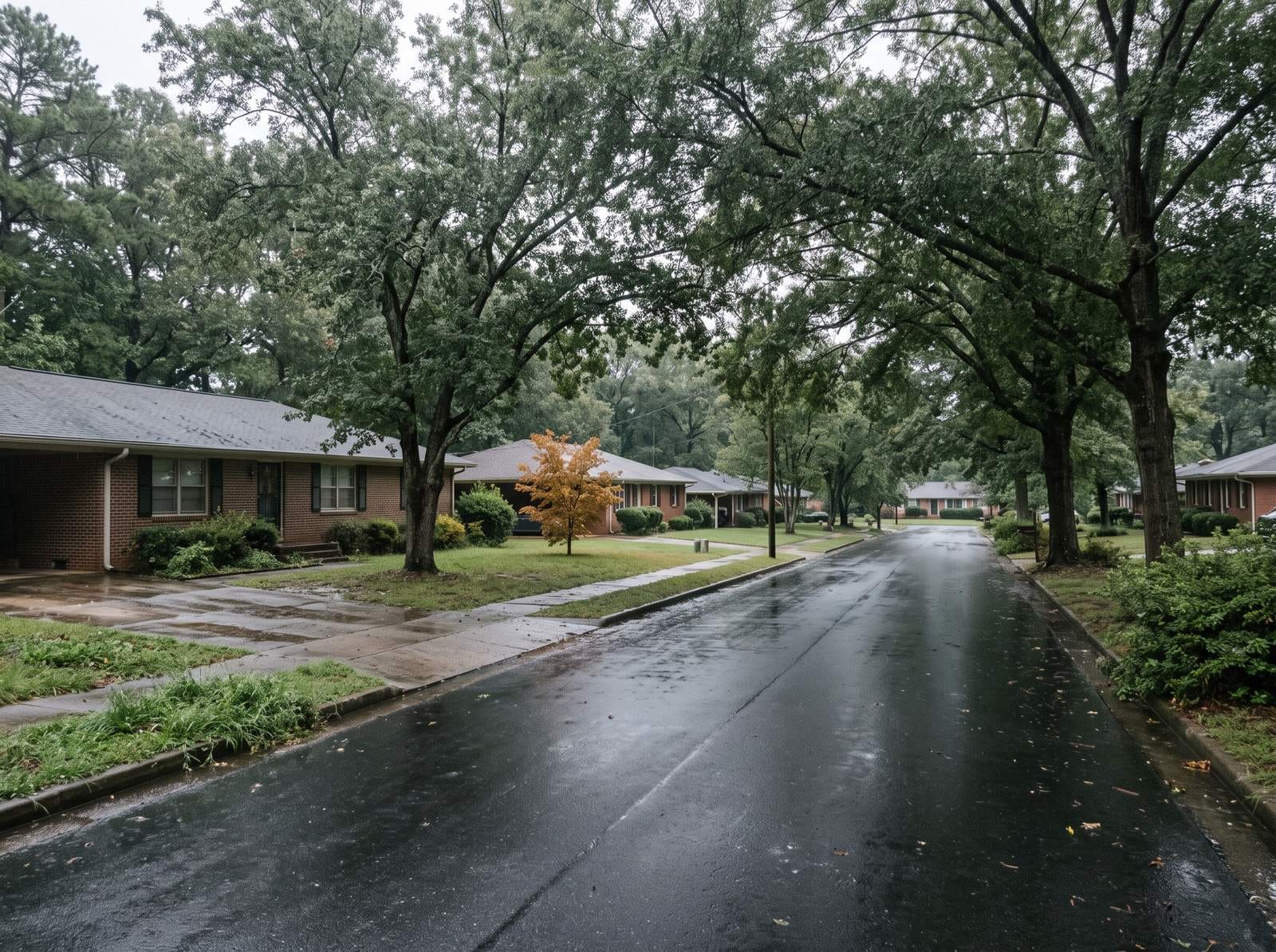 A street of 1970s single-story brick ranch houses under mature oaks. Typical of the housing stock around Cartersville.