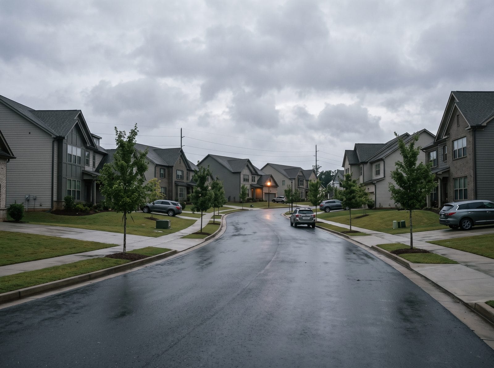 A recent large-lot subdivision of big houses with complex multi-gable rooflines. Typical of the housing stock around Cumming.