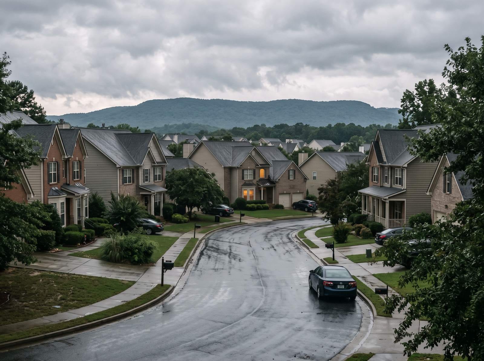 A 1990s subdivision with a long forested mountain silhouette beyond the rooftops. Typical of the housing stock around Kennesaw.