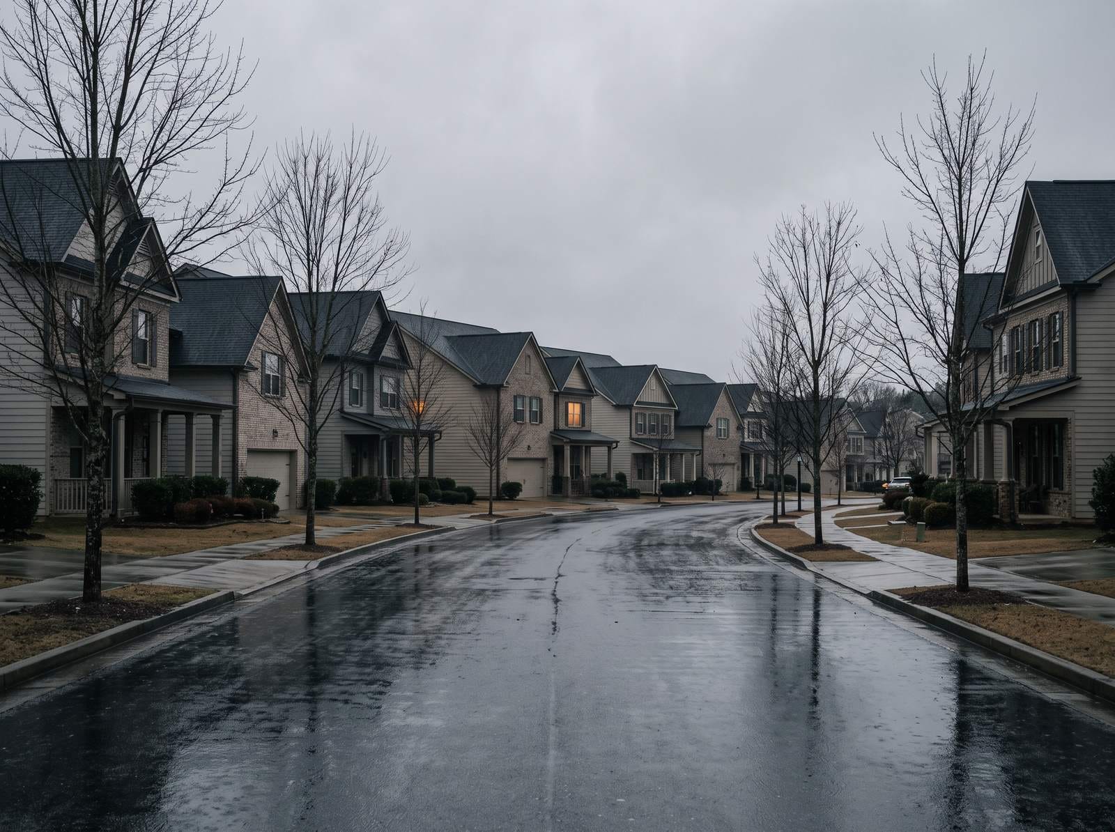 A curving street of near-identical two-story houses with uniform rooflines. Typical of the housing stock around Woodstock.